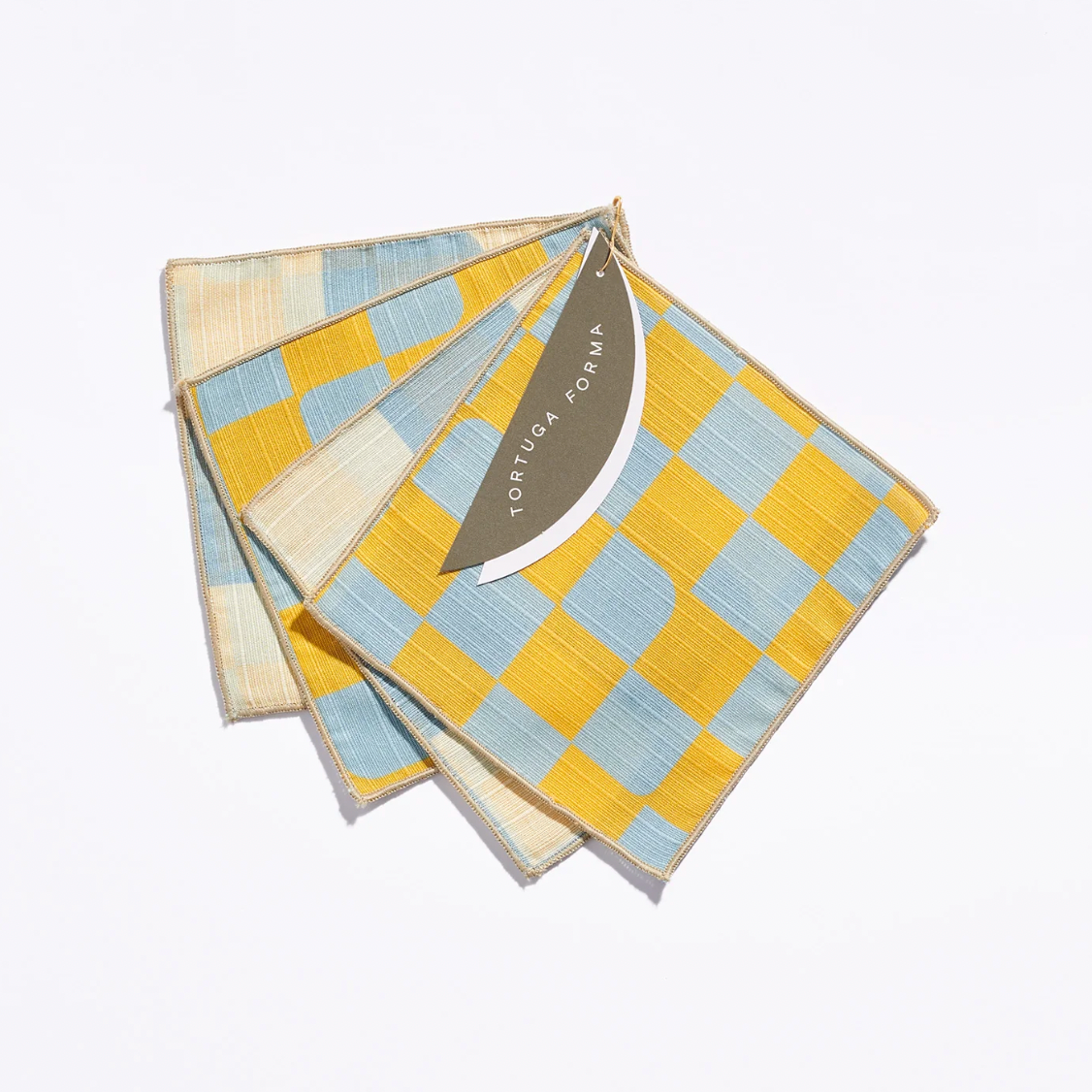 Tortuga Forma Double-Sided Cocktail Napkin Set, Checker Sky - 100% Cotton Shantung, 5" x 5"