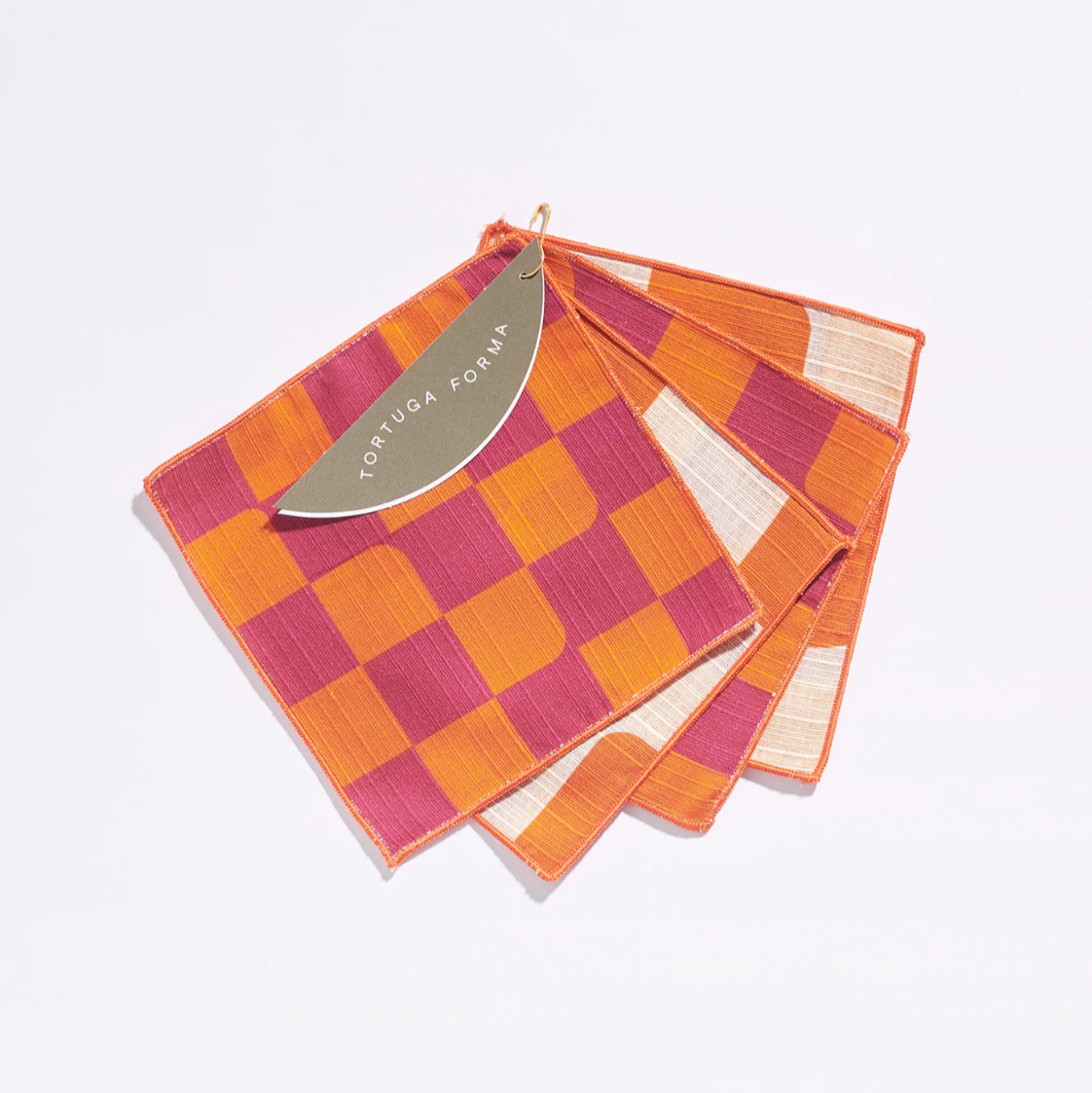 Tortuga Forma Double-Sided Cocktail Napkin Set, Checker Sunrise - 100% Cotton Shantung, 5" x 5"