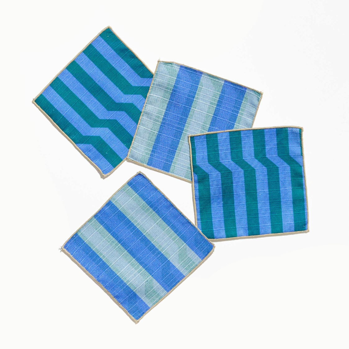 Tortuga Forma Double-Sided Cocktail Napkin Set, Marine Stripe - 100% Cotton Shantung, 5" x 5"