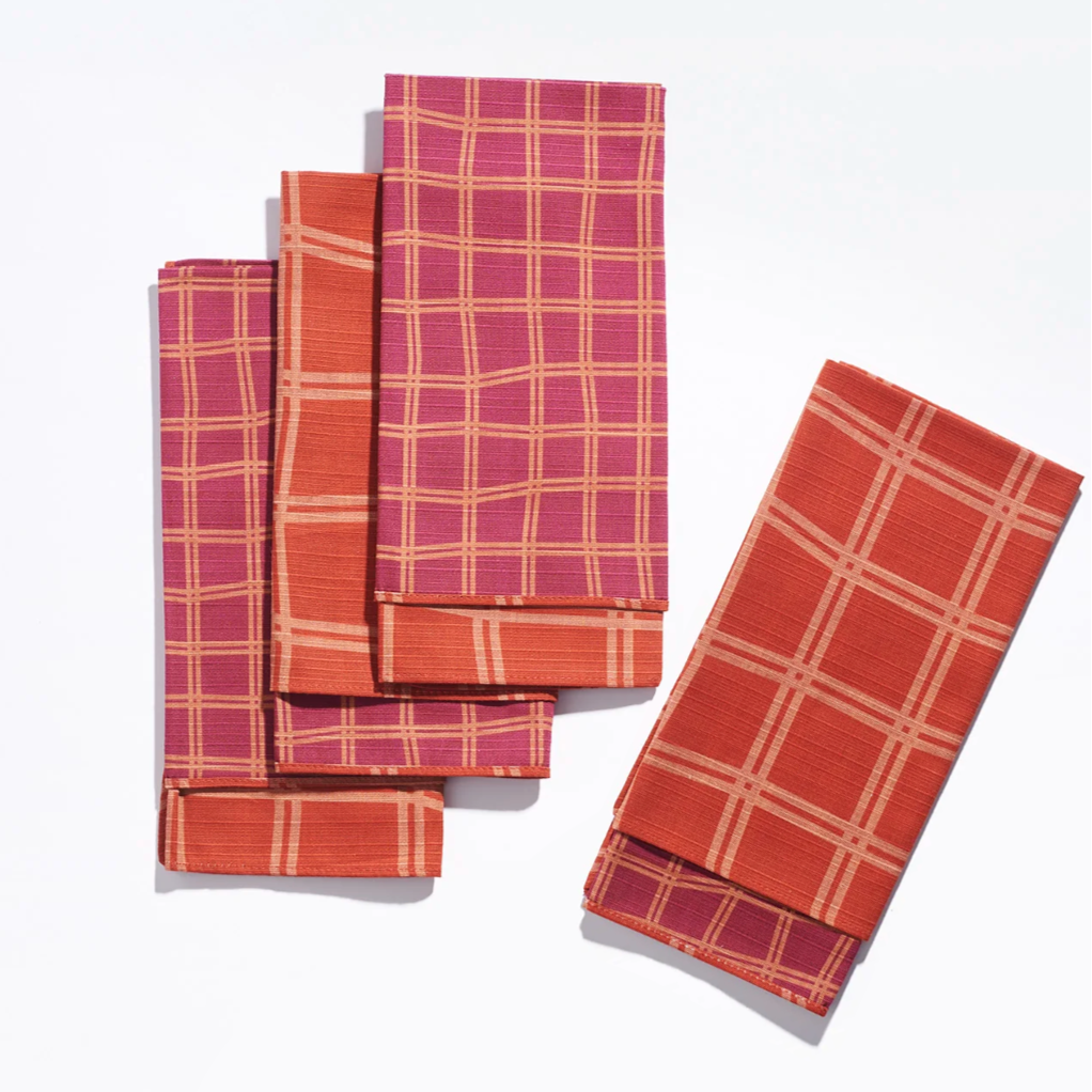 Tortuga Forma Double-Sided Dinner Napkin Set, Grid Vino - 100% Cotton Shantung, 18.9" x 18.9"