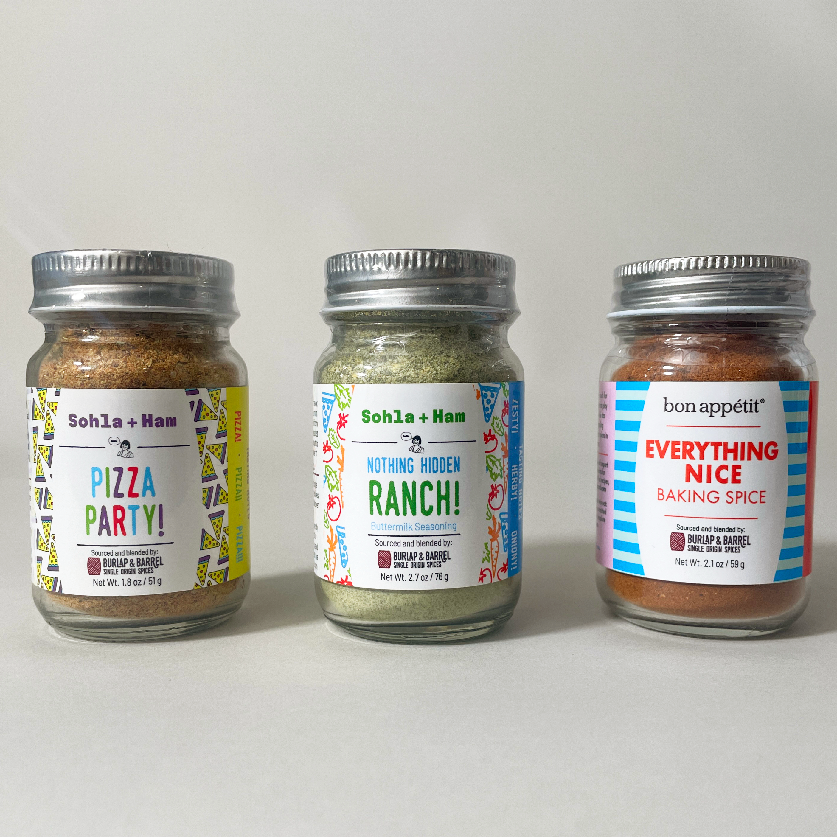 Burlap & Barrel Spice Mixes: Pizza Party! Nothing Hidden Ranch Buttermilk Seasoning and Everything Nice Baking Spice