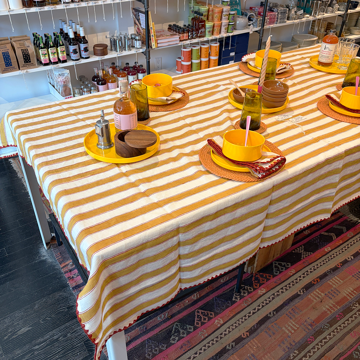 Block Print Striped Linen Tablecloth