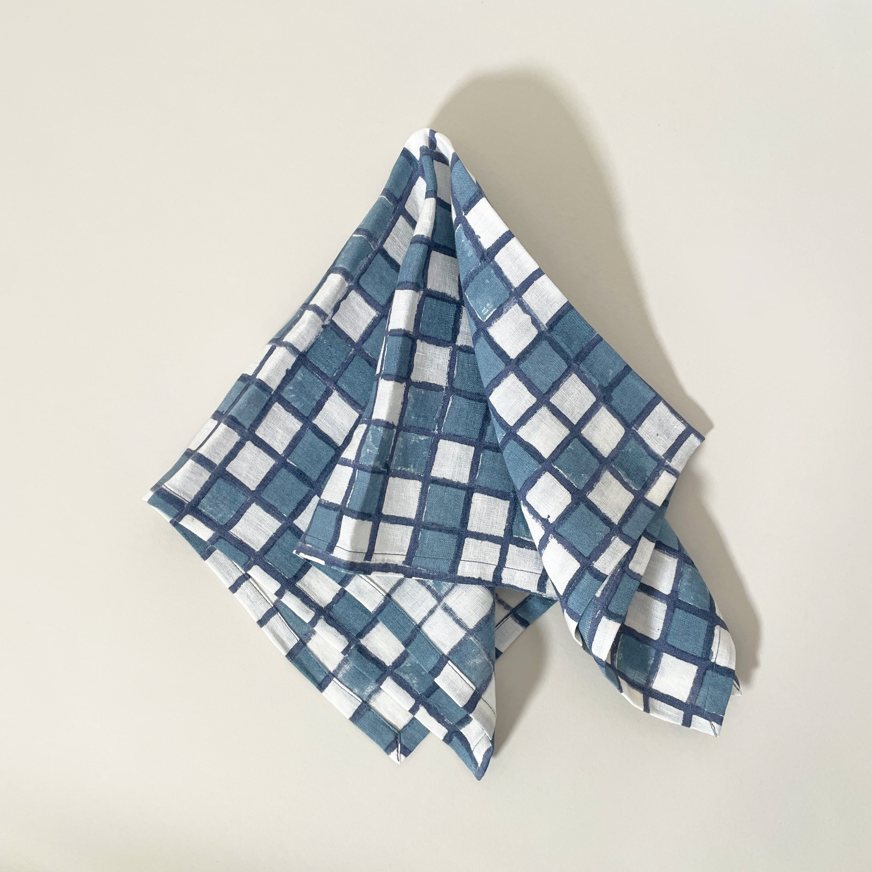 Grid Block Printed Linen Napkins, Set of 2