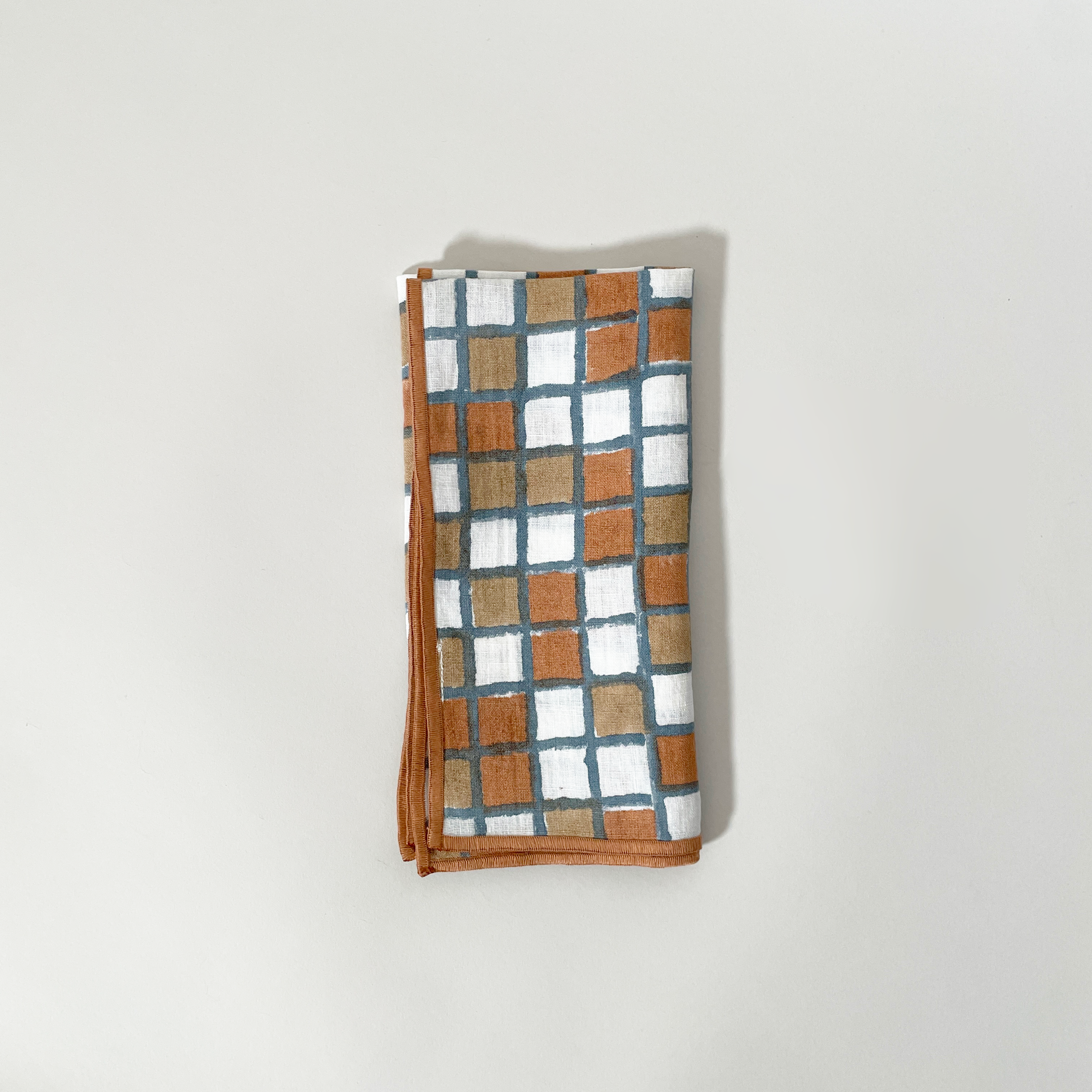 Grid Block Printed Linen Napkins, Set of 2