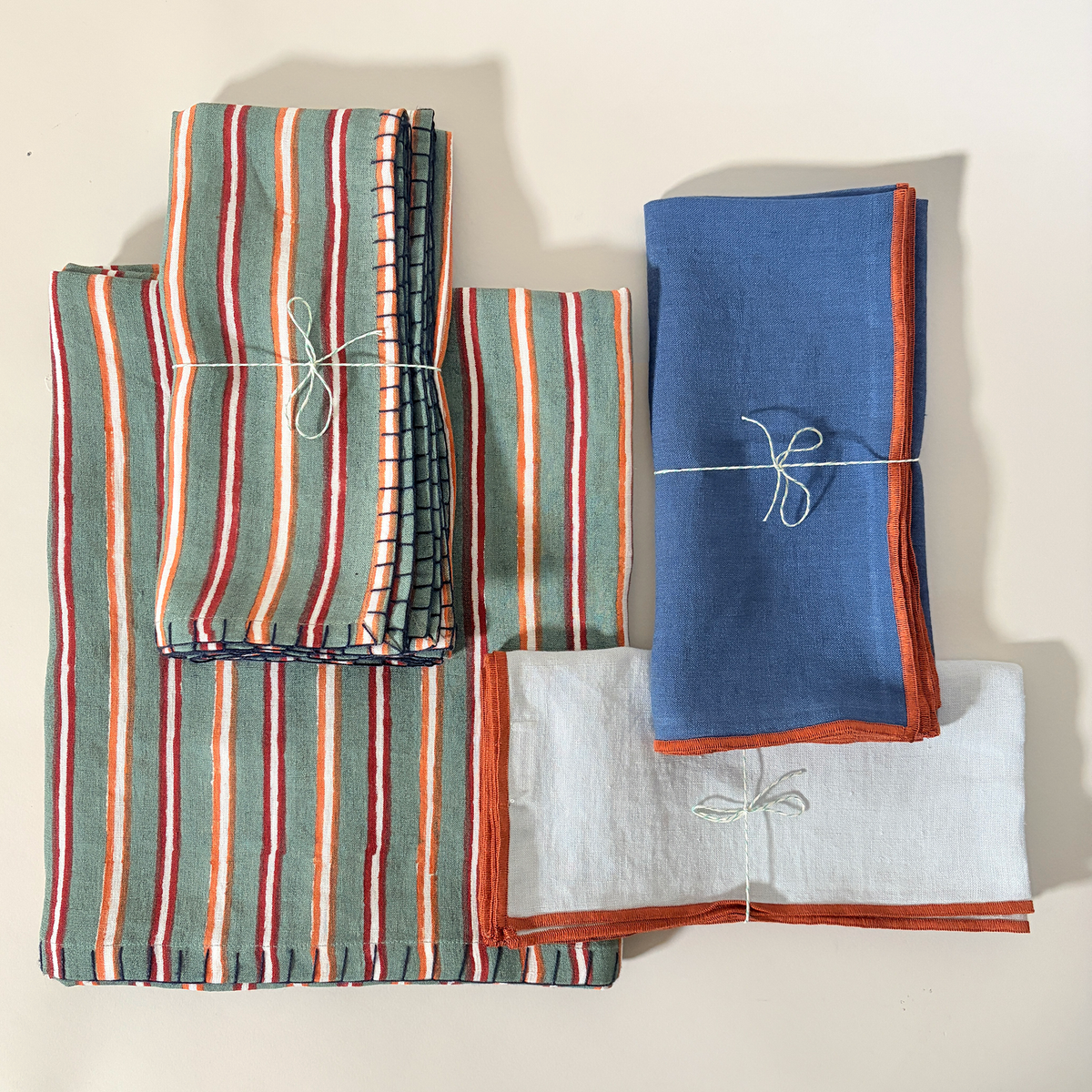 Striped Embroidered Edged Linen Napkins, Set of 2
