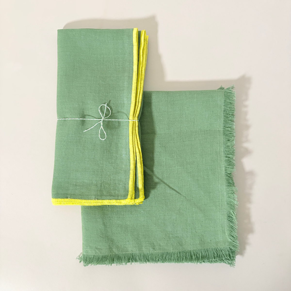 Retro Green Contrast Hemmed Linen Napkins, Set of 2