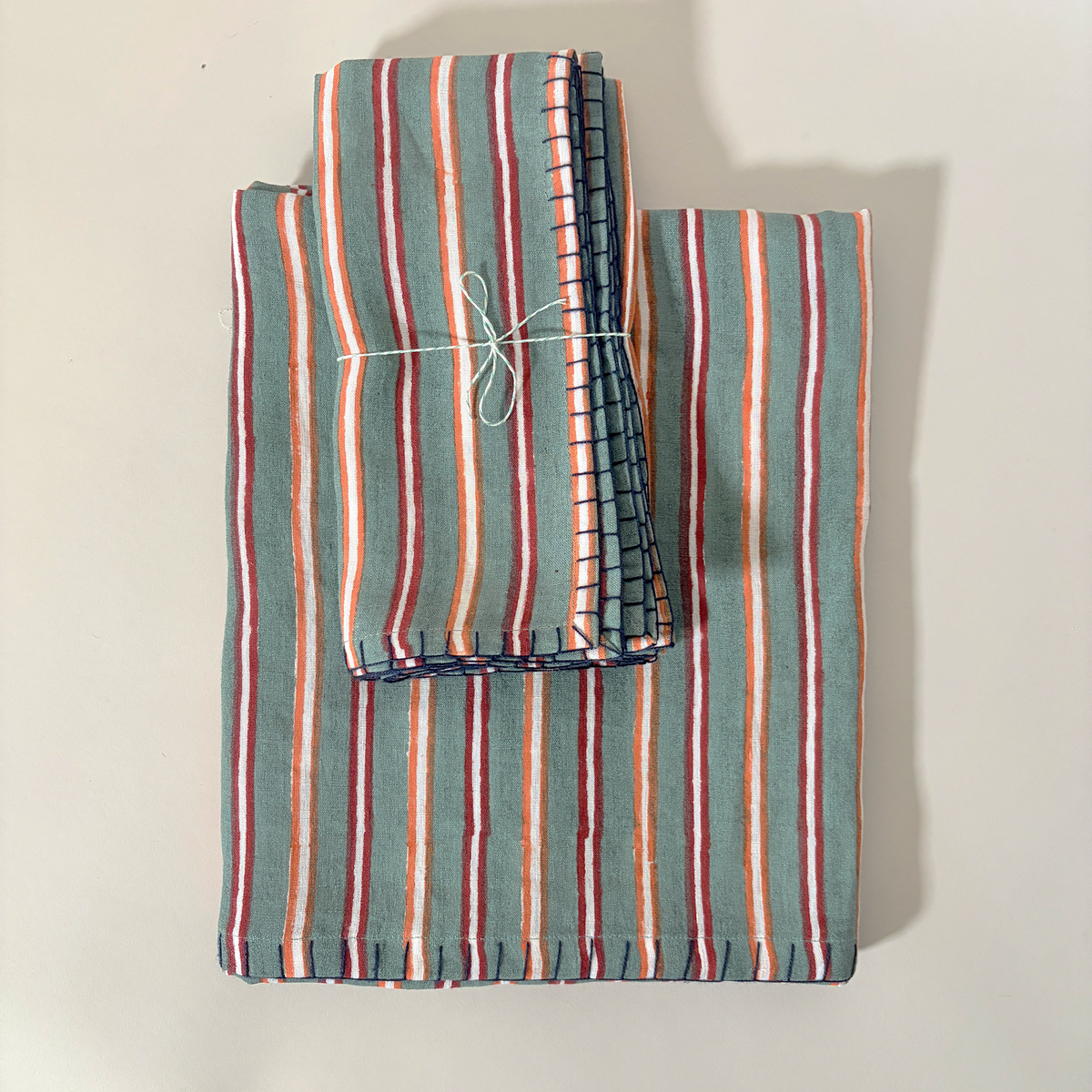 Striped Embroidered Edged Linen Napkins, Set of 2