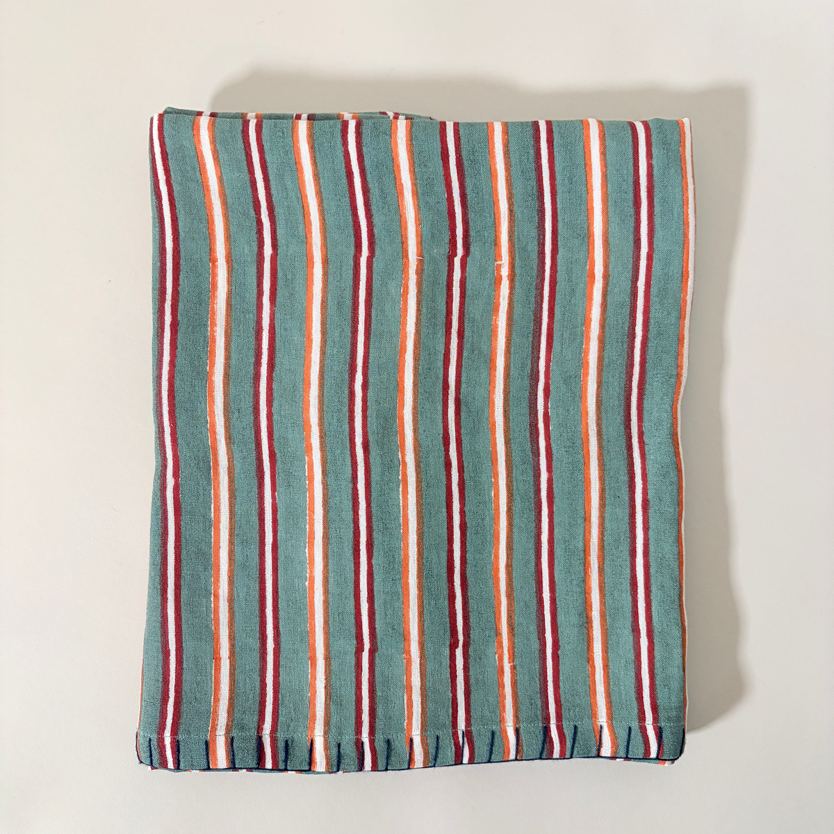 Striped Embroidered Edge Linen Tablecloth