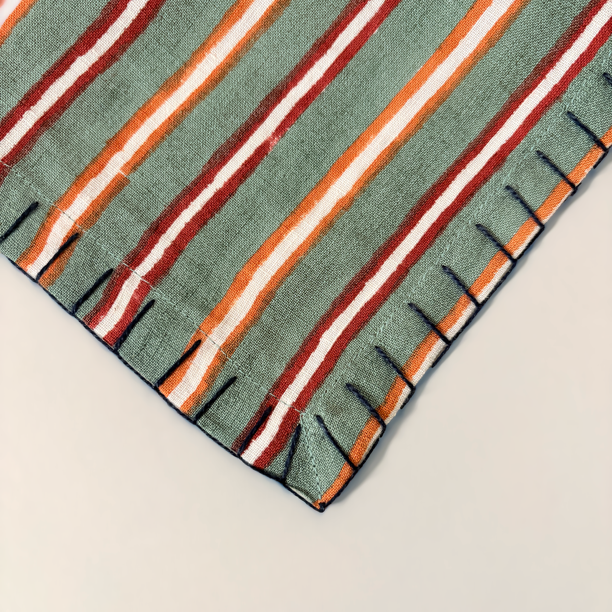 Striped Embroidered Edge Linen Tablecloth
