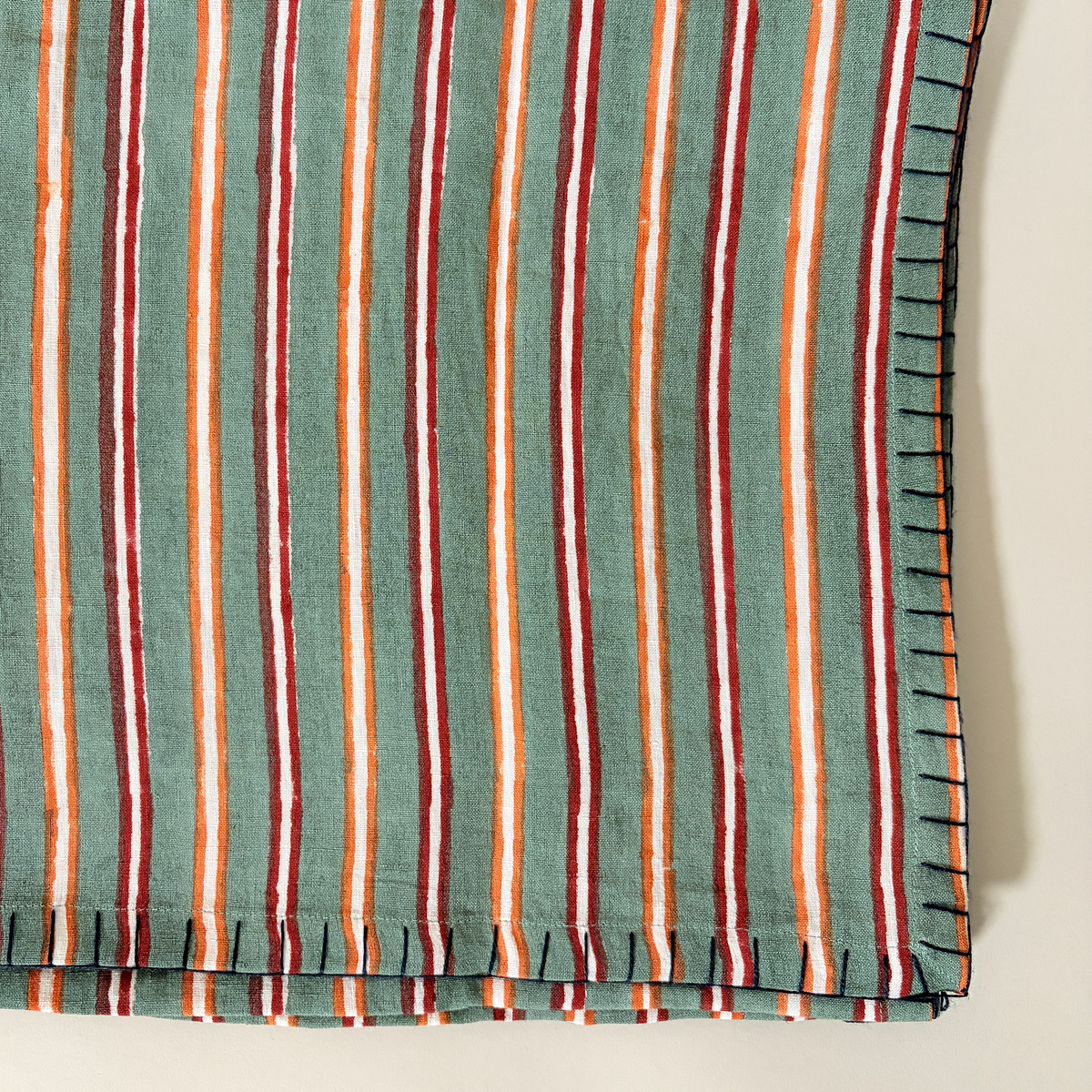 Striped Embroidered Edge Linen Tablecloth