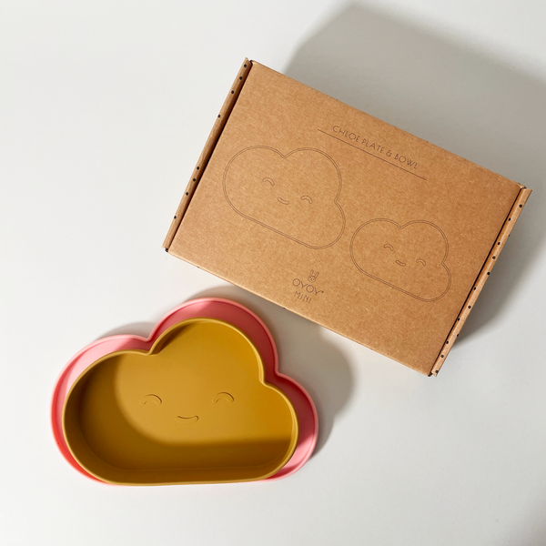 OYOY Living Design Cloud-Shaped Silicone Plate & Bowl Set for Children, Coral & Caramel with Box