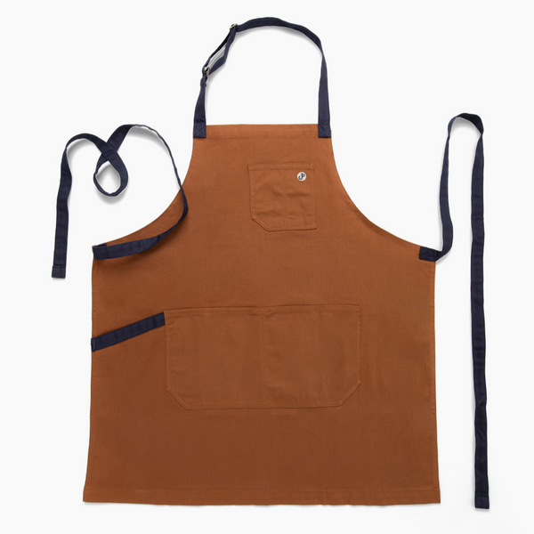 TIL Brown/Garam Apron with Navy Straps – Durable Cotton Poly Blend with Navy Straps