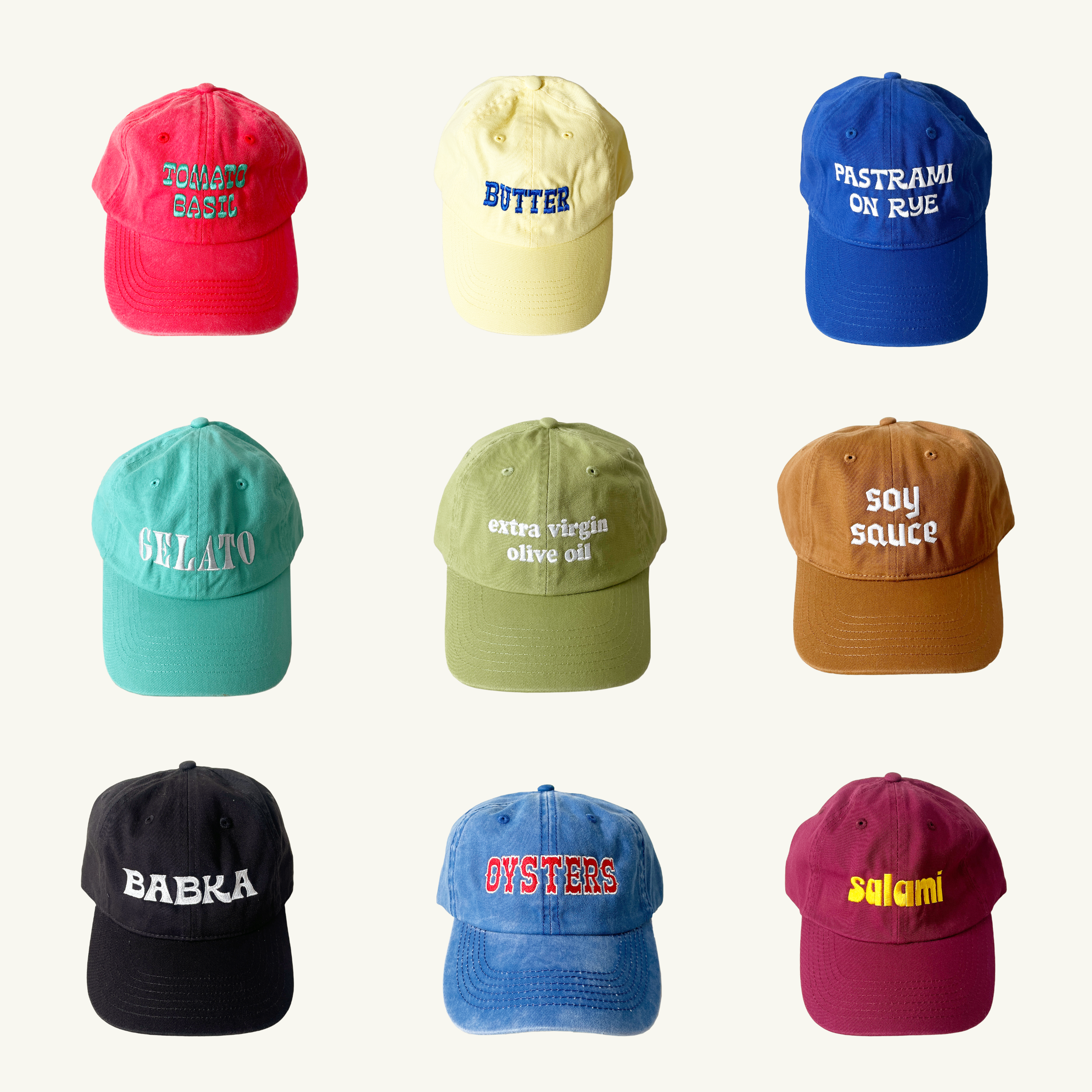 The Silver Spider Embroidered Caps: Tomato Basil, Butter, Pastrami on Rye, Gelato, Extra Virgin Olive Oil, Soy Sauce, Babka, Oysters, Salami