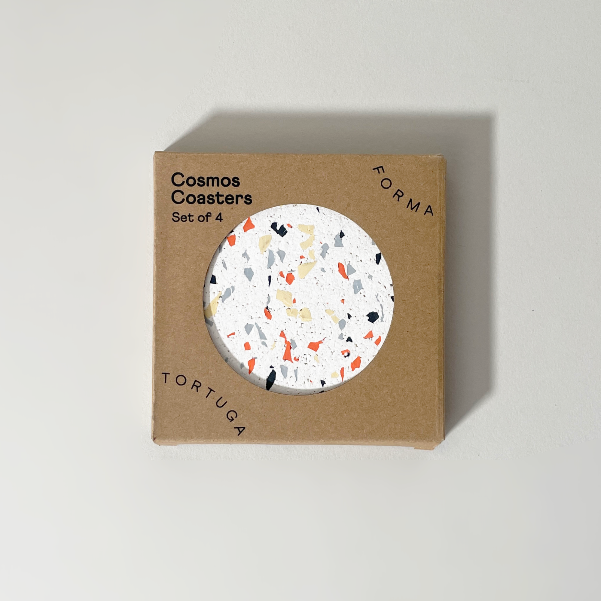 Tortuga Forma Cosmos Coaster Set, White Terrazzo - Durable Recycled Rubber - Box