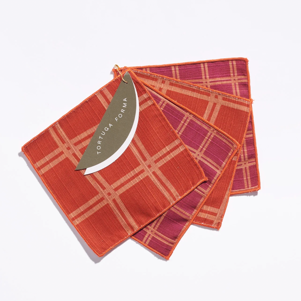 Tortuga Forma Double-Sided Cocktail Napkin Set, Grid Vino - 100% Cotton Shantung, 5" x 5"