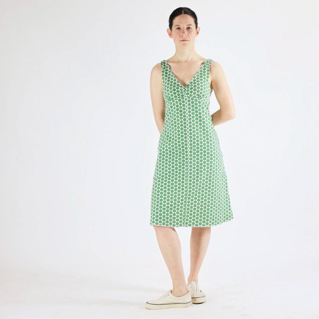 Utility Canvas Slip Dress, Green Dot – Lightweight Summer Dress - Front