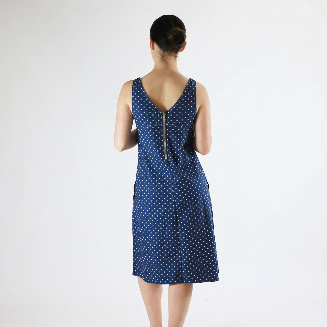 Utility Canvas Slip Dress, Navy with Tiny Stars – Lightweight Summer Dress - Back