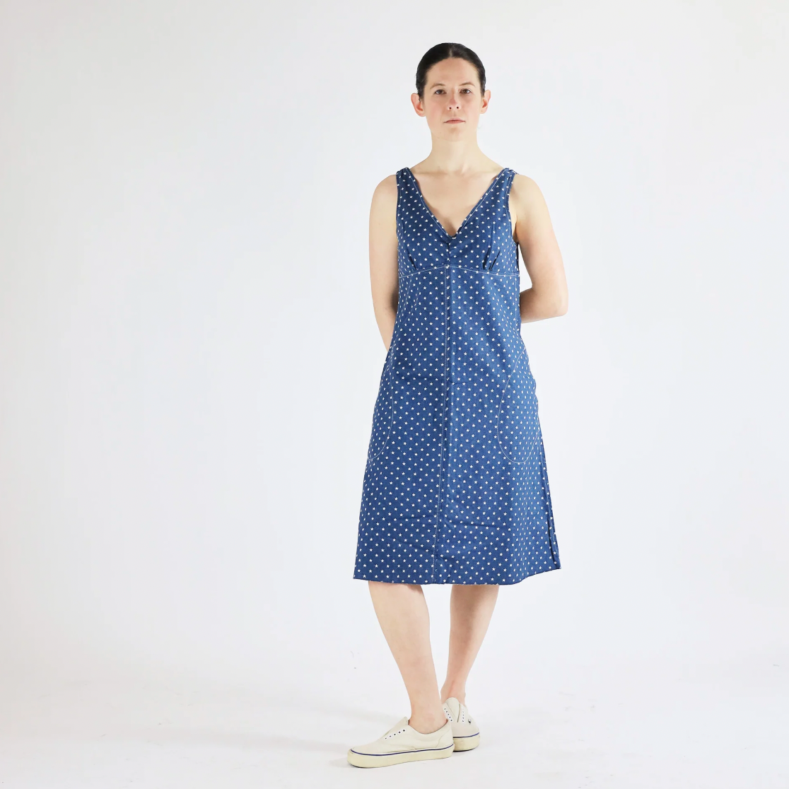 Utility Canvas Slip Dress, Navy with Tiny Stars – Lightweight Summer Dress - Front