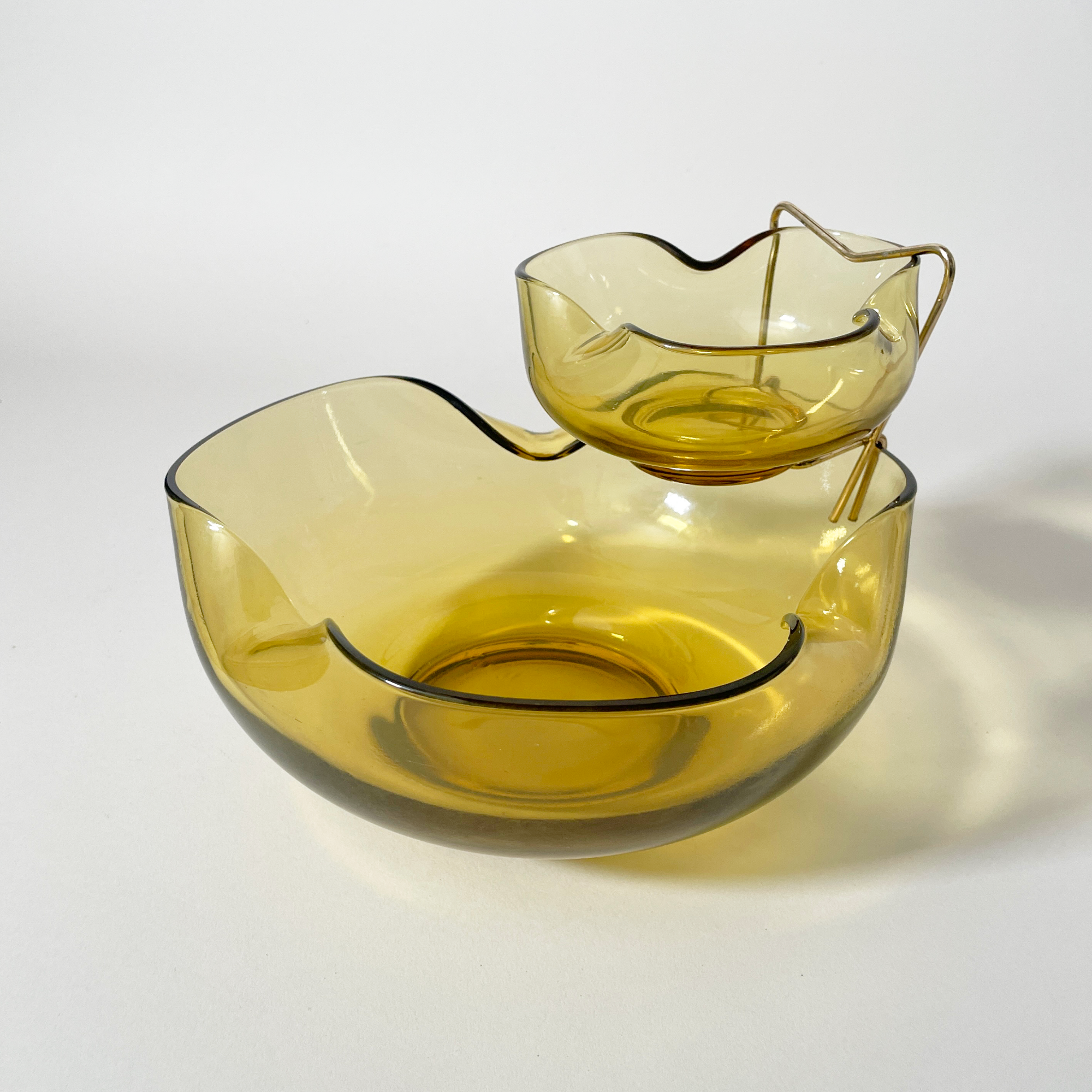 Vintage Amber Glass Chip & Dip Serving Set with Brass Holder