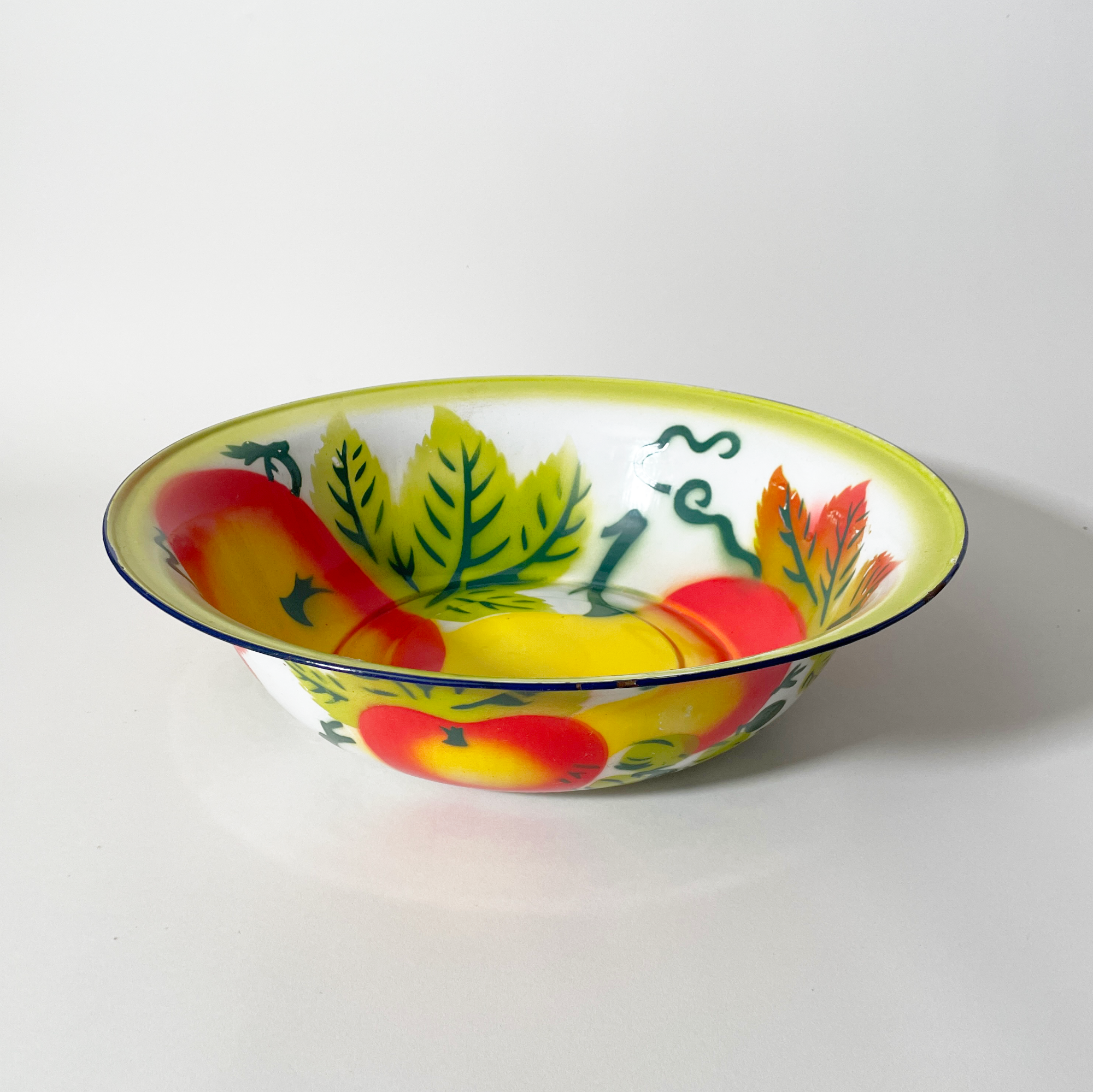 Vintage Painted Enamelware Serving Bowl – Fruit & Vegetable Motif