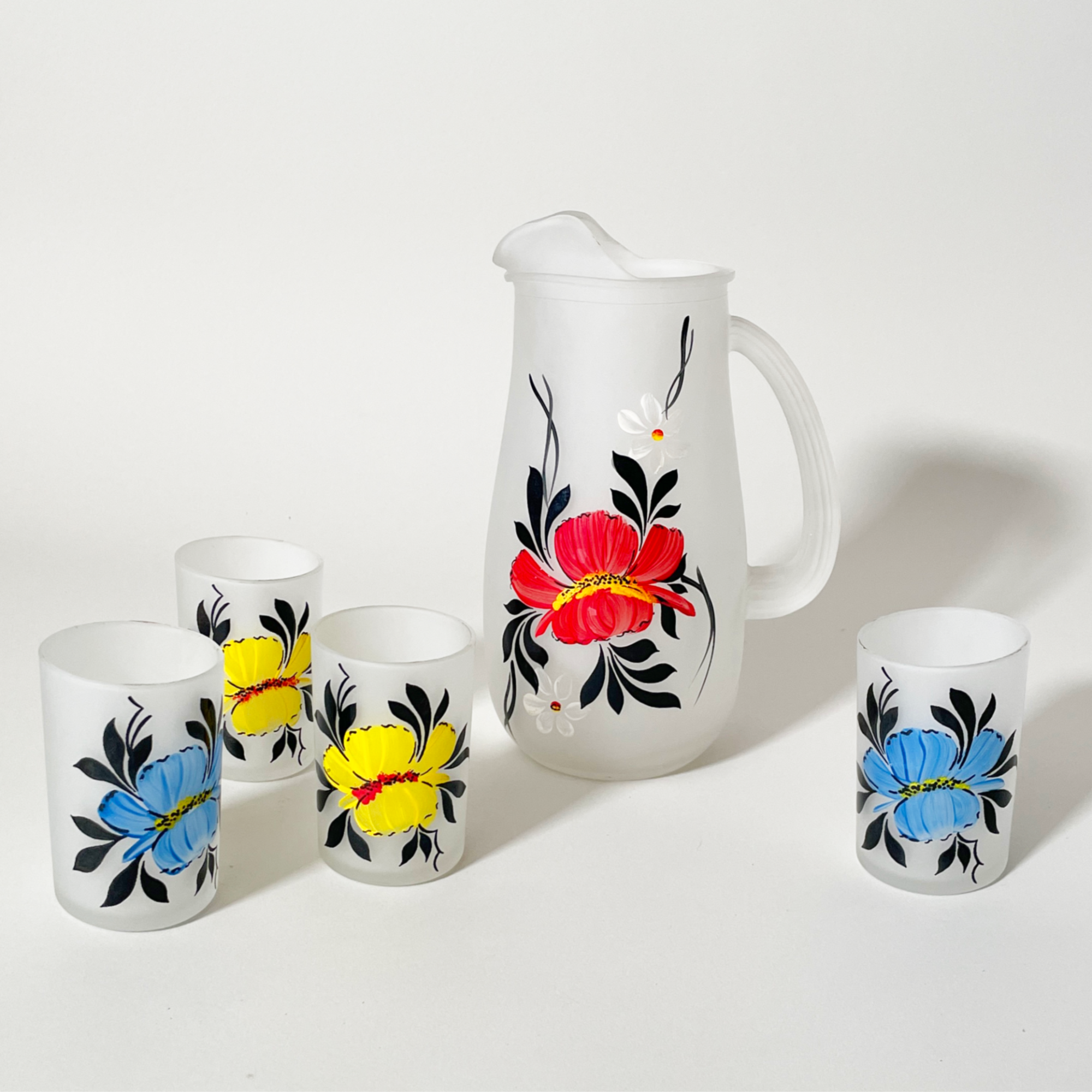 Vintage Painted Floral Frosted Glass Set with Pitcher – Set of 5