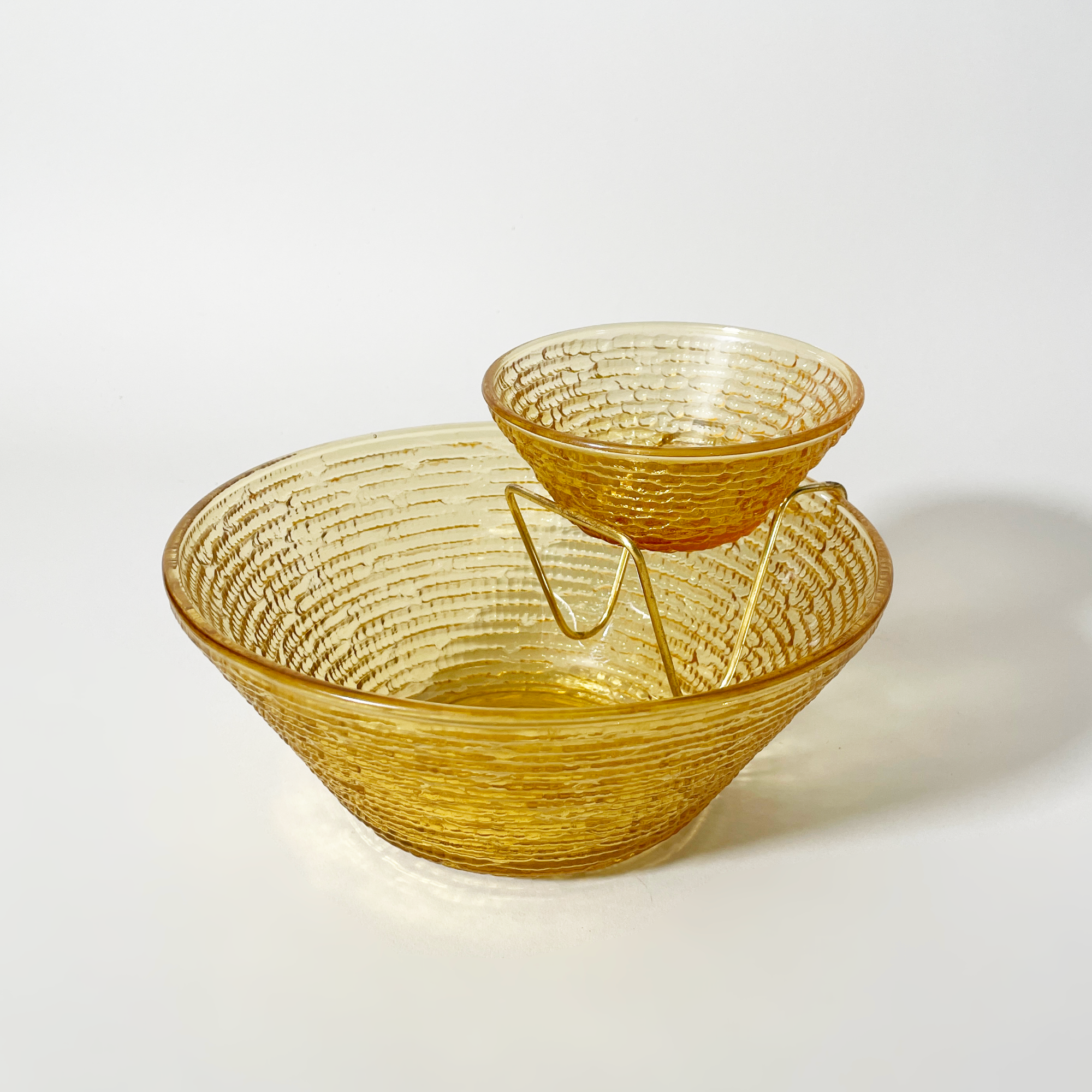 Vintage Ridged Yellow Glass Chip & Dip Serving Set with Brass Holder