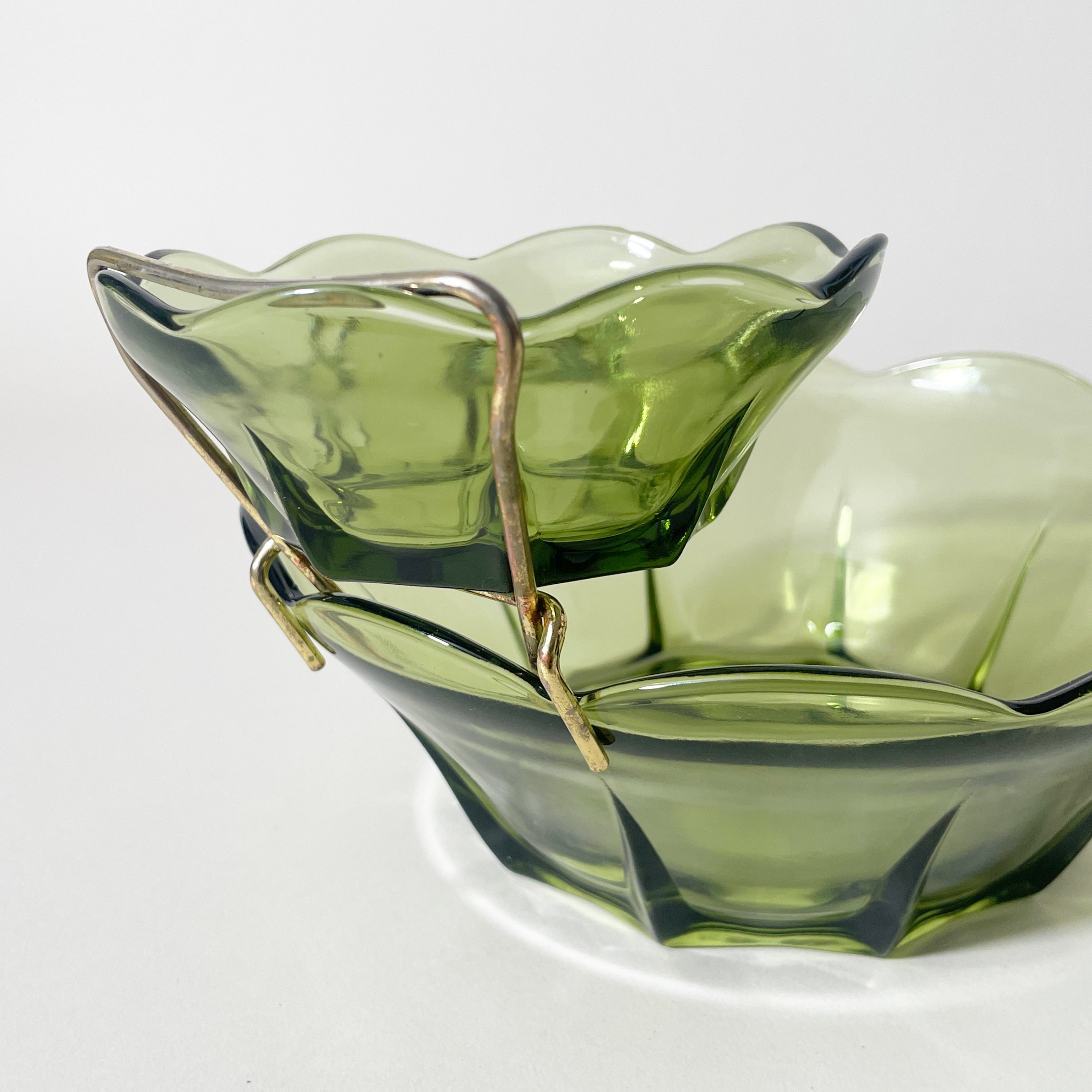 Vintage Scalloped Green Glass Chip & Dip Serving Set