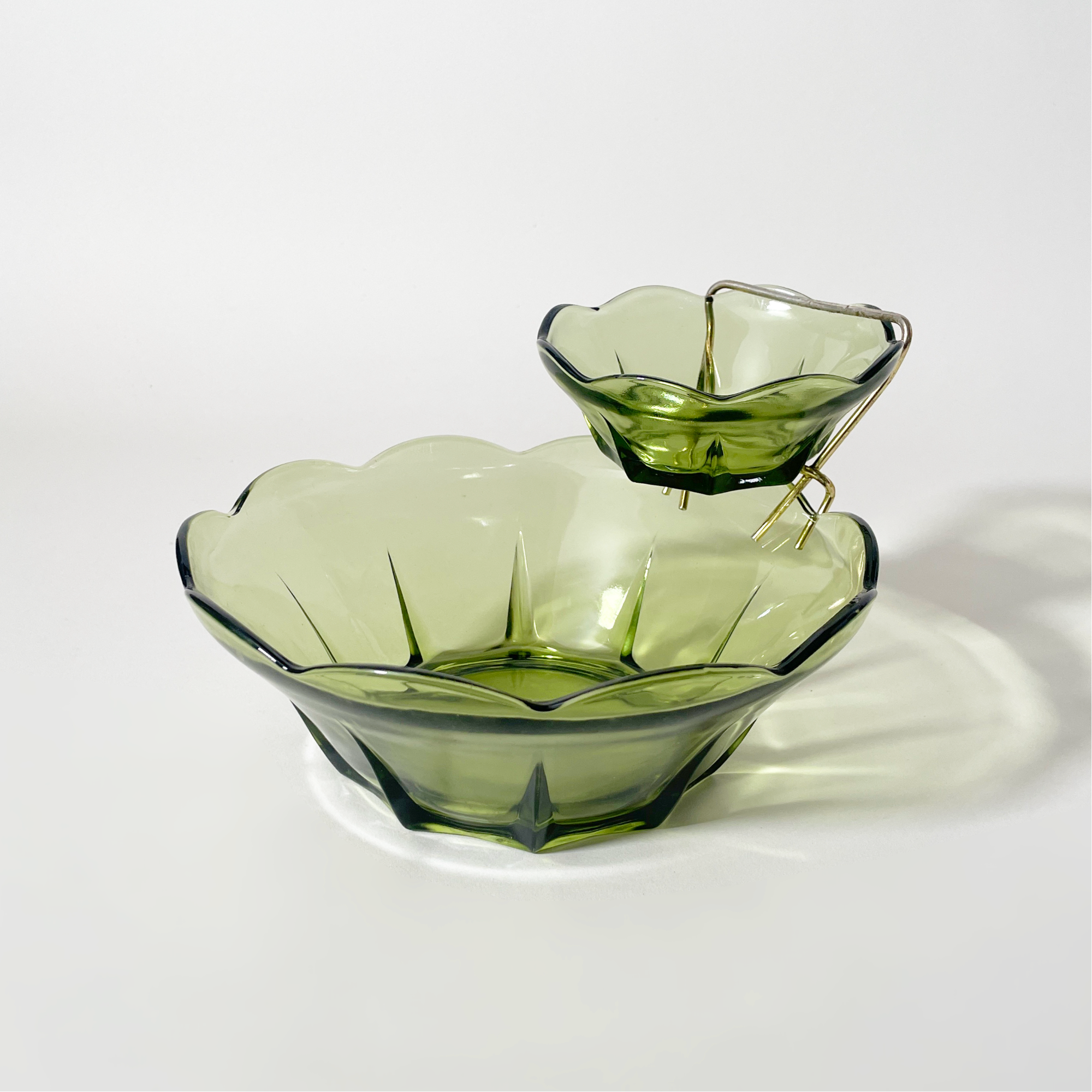 Vintage Scalloped Green Glass Chip & Dip Serving Set with Brass Holder