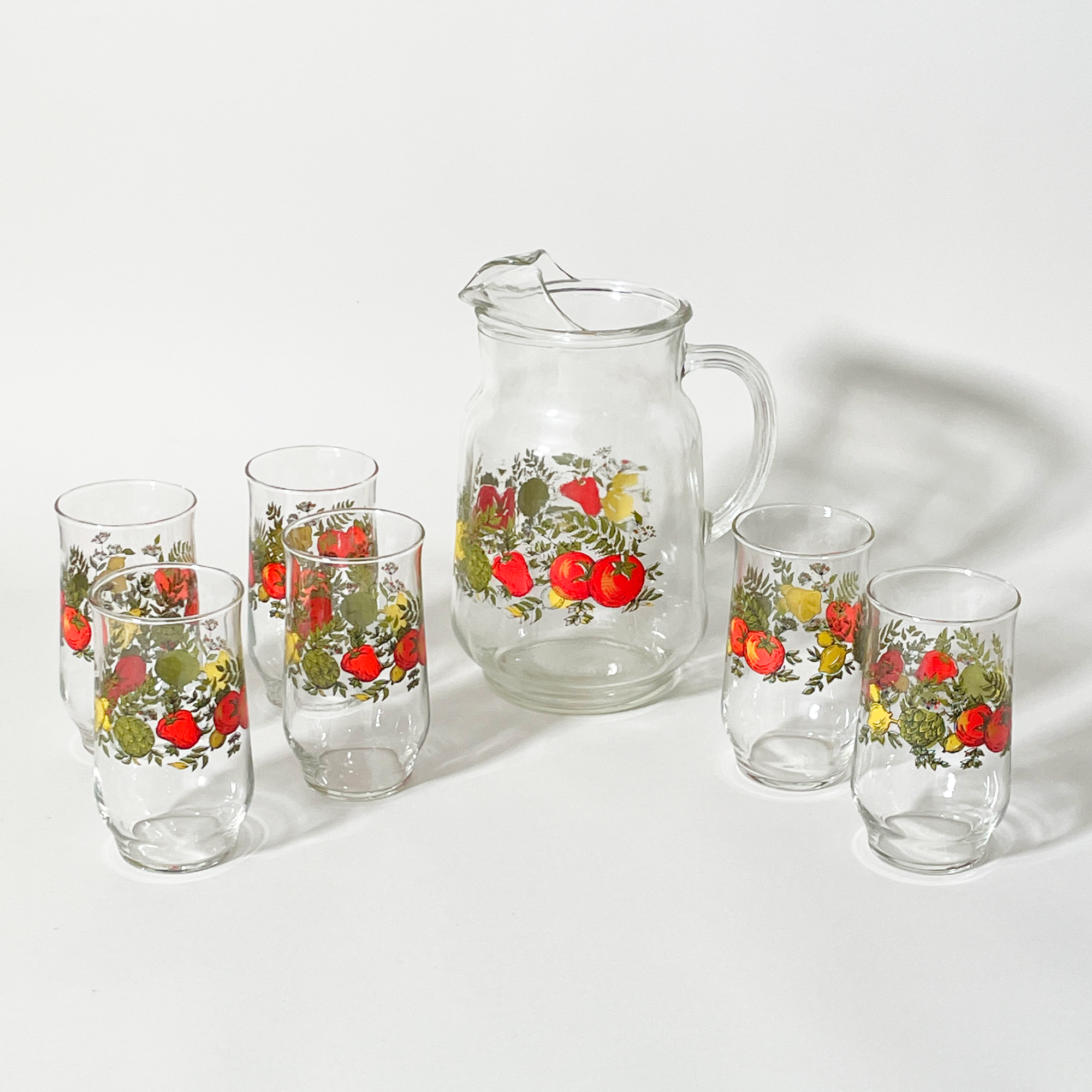 Vintage Vegetable Motif Printed Glasses & Pitcher