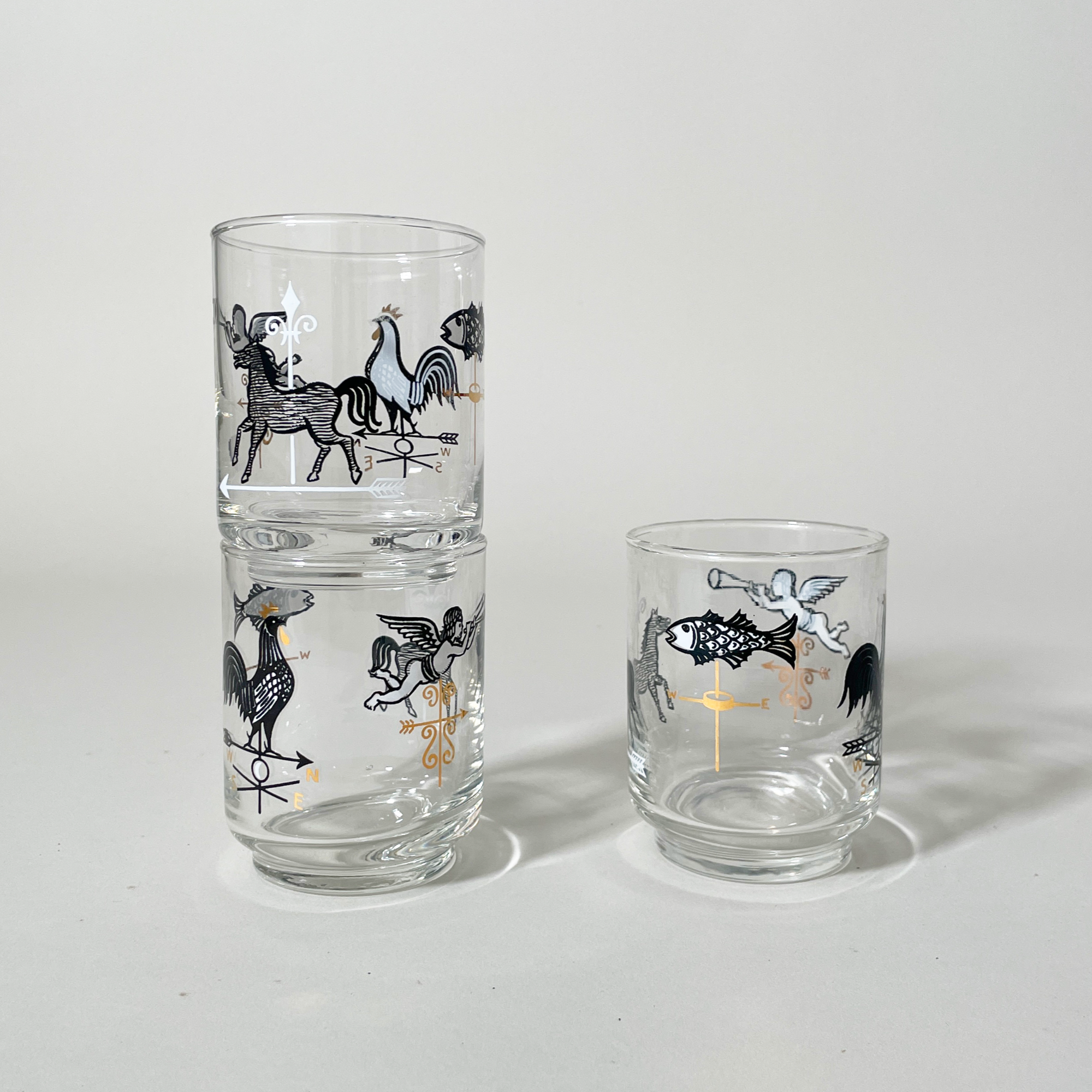 Vintage Weathervane Motif Stackable Glasses, Set of 2 - Sold As Pair