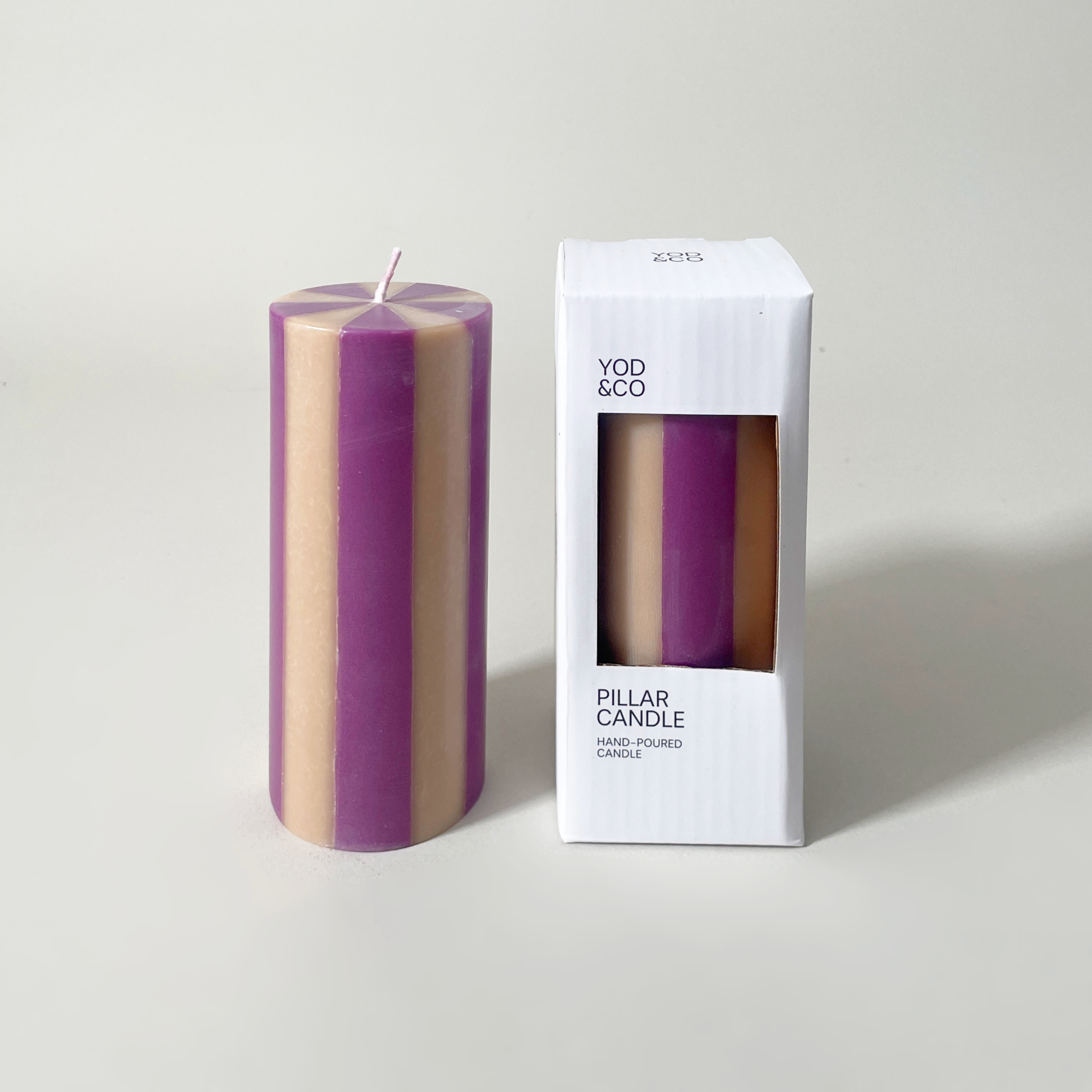 Yod & Co. Colorful Striped Pillar Candle – 100% Stearin Wax, Non-Toxic - Plum & Tan